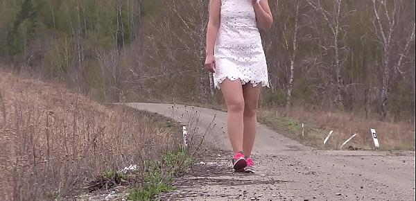  Exhibitionism and fetish in public places outdoors. Big ass and hairy pussy are walking on the road. Compilation.